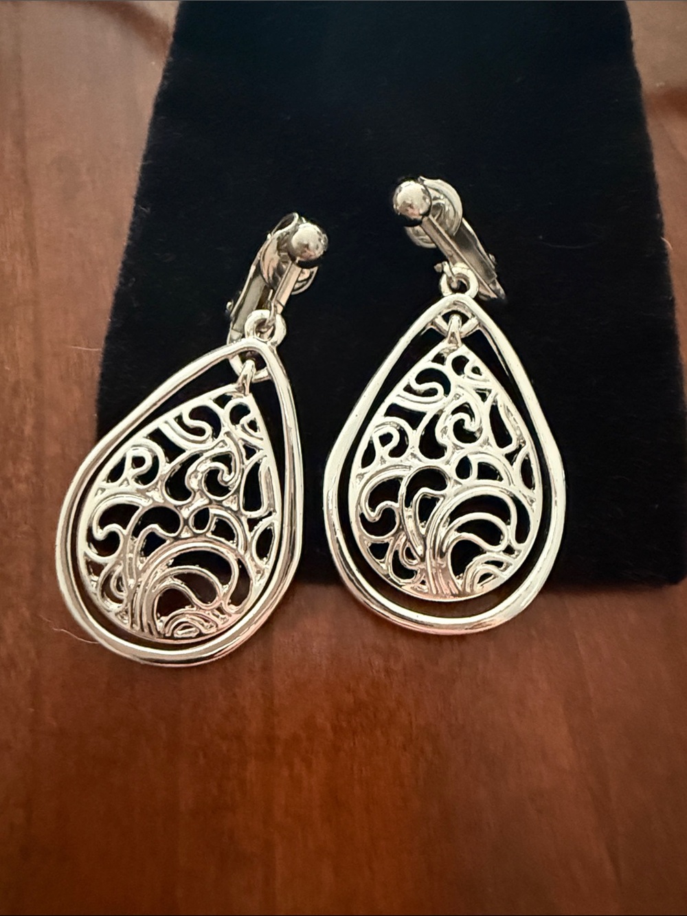 Silver Teardrop Filigree Clip-On Earrings